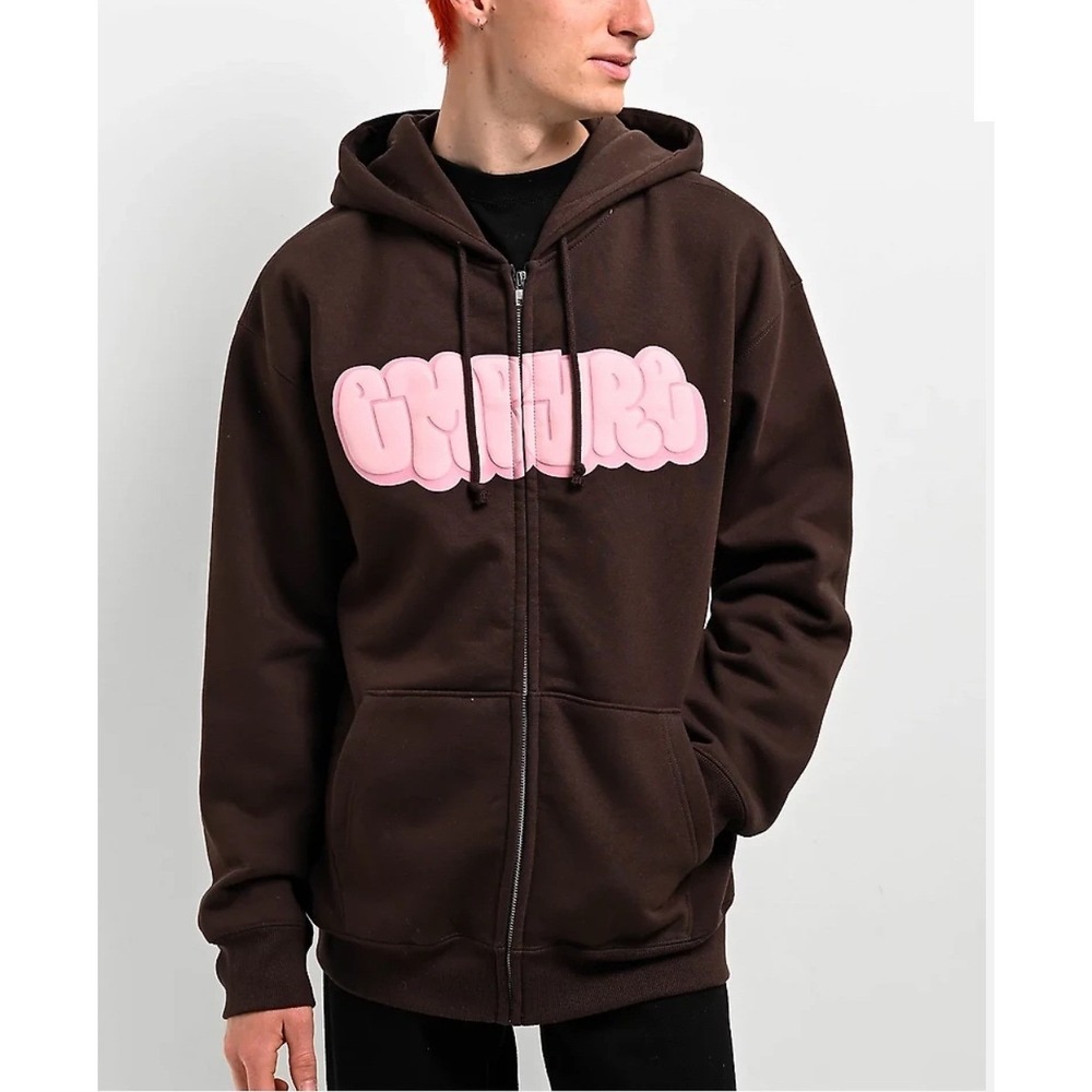 Empyre Brown Graphic Zip Hoodie Pink Logo Y2K Skate Streetwear Size L